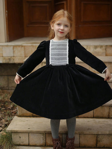 Young Girl Velvet Color Block Lace Trim Style Dress, Elegant Palace Style Costume, Autumn/Winter