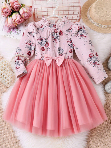 Young Girl Velvet Print Top With Tulle Mesh Puff Elegant Dress