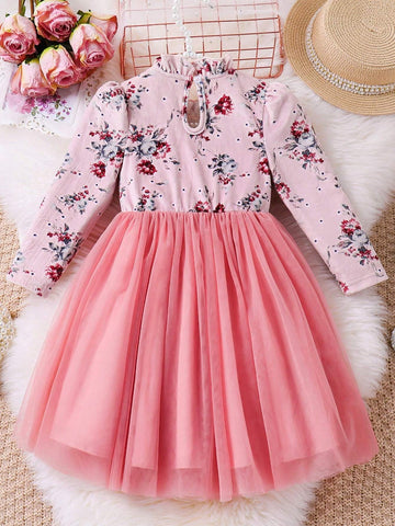 Young Girl Velvet Print Top With Tulle Mesh Puff Elegant Dress