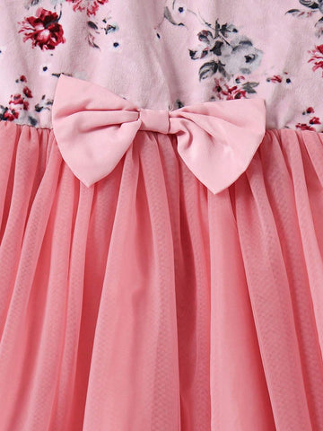 Young Girl Velvet Print Top With Tulle Mesh Puff Elegant Dress