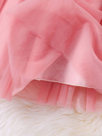 Young Girl Velvet Print Top With Tulle Mesh Puff Elegant Dress