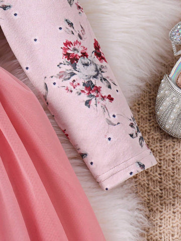 Young Girl Velvet Print Top With Tulle Mesh Puff Elegant Dress