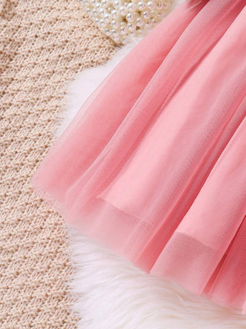 Young Girl Velvet Print Top With Tulle Mesh Puff Elegant Dress