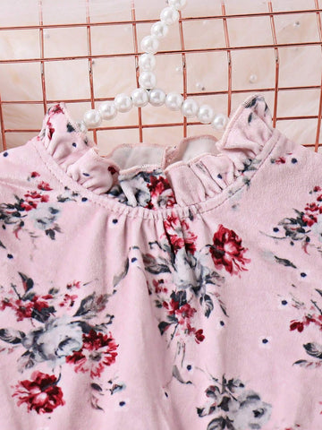 Young Girl Velvet Print Top With Tulle Mesh Puff Elegant Dress