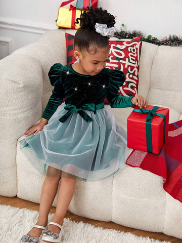 Young Girl Velvet Round Neck Long Sleeve Mesh Christmas Party Dress