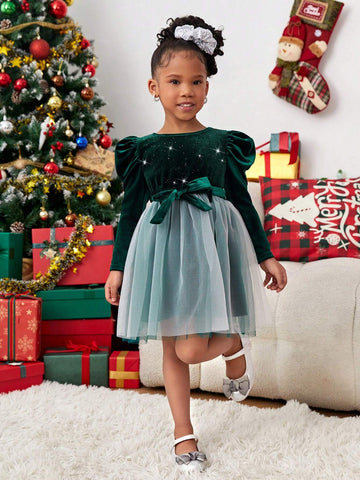 Young Girl Velvet Round Neck Long Sleeve Mesh Christmas Party Dress