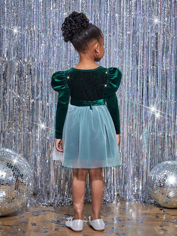 Young Girl Velvet Round Neck Long Sleeve Mesh Christmas Party Dress