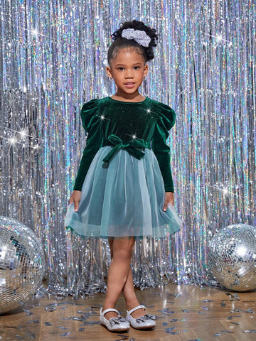 Young Girl Velvet Round Neck Long Sleeve Mesh Christmas Party Dress