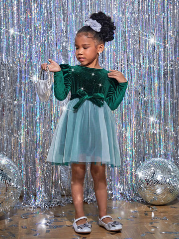 Young Girl Velvet Round Neck Long Sleeve Mesh Christmas Party Dress