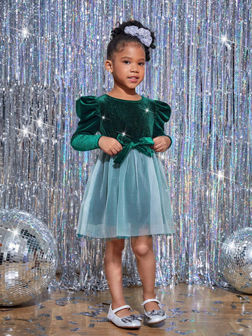 Young Girl Velvet Round Neck Long Sleeve Mesh Christmas Party Dress
