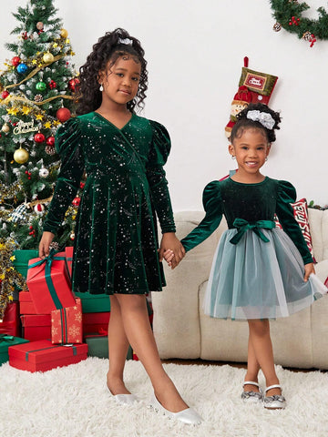 Young Girl Velvet Round Neck Long Sleeve Mesh Christmas Party Dress