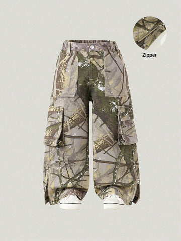 Young Girl Vintage Camouflage Loose Daily Versatile Comfortable Side Zip Pleated Multi-Pocket Cargo Wide Leg Pants