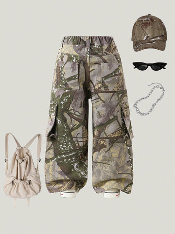 Young Girl Vintage Camouflage Loose Daily Versatile Comfortable Side Zip Pleated Multi-Pocket Cargo Wide Leg Pants