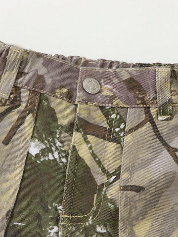 Young Girl Vintage Camouflage Loose Daily Versatile Comfortable Side Zip Pleated Multi-Pocket Cargo Wide Leg Pants