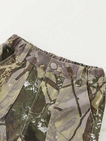 Young Girl Vintage Camouflage Loose Daily Versatile Comfortable Side Zip Pleated Multi-Pocket Cargo Wide Leg Pants