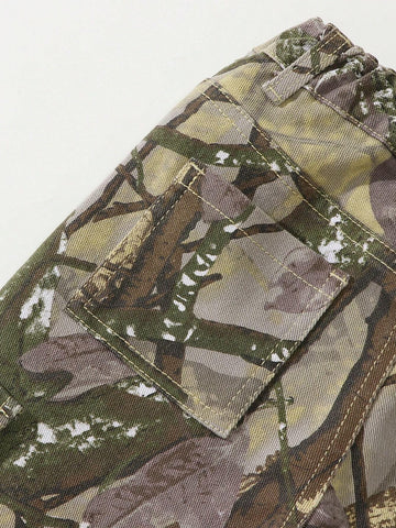 Young Girl Vintage Camouflage Loose Daily Versatile Comfortable Side Zip Pleated Multi-Pocket Cargo Wide Leg Pants