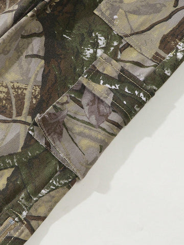 Young Girl Vintage Camouflage Loose Daily Versatile Comfortable Side Zip Pleated Multi-Pocket Cargo Wide Leg Pants