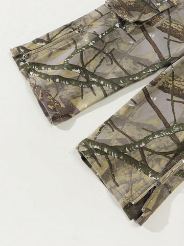 Young Girl Vintage Camouflage Loose Daily Versatile Comfortable Side Zip Pleated Multi-Pocket Cargo Wide Leg Pants