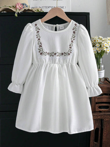 Young Girl' Vintage Floral Embroidery Puff Long Sleeve Crinkle Dress