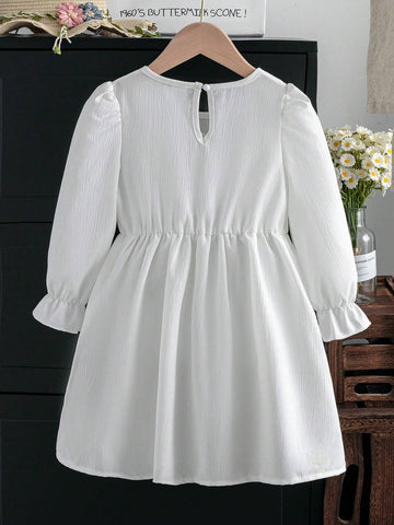 Young Girl' Vintage Floral Embroidery Puff Long Sleeve Crinkle Dress