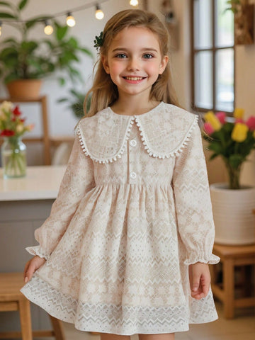 Young Girl Vintage Floral Lace Trim Collar Long Sleeve Dress, Sweet And Cute Style Suitable For Girls Ages 4-7 To Wear In Spring And Autumn Seasons