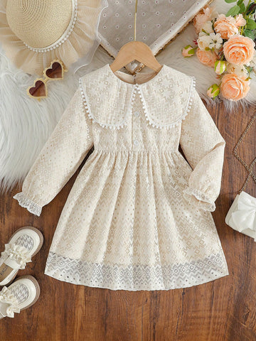 Young Girl Vintage Floral Lace Trim Collar Long Sleeve Dress, Sweet And Cute Style Suitable For Girls Ages 4-7 To Wear In Spring And Autumn Seasons
