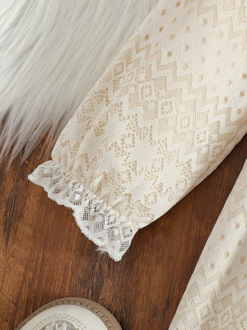 Young Girl Vintage Floral Lace Trim Collar Long Sleeve Dress, Sweet And Cute Style Suitable For Girls Ages 4-7 To Wear In Spring And Autumn Seasons