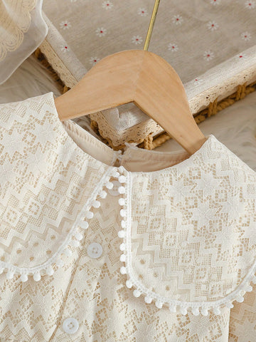 Young Girl Vintage Floral Lace Trim Collar Long Sleeve Dress, Sweet And Cute Style Suitable For Girls Ages 4-7 To Wear In Spring And Autumn Seasons