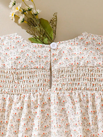 Young Girl Vintage Floral Printed Dress With Ruffles Hem For Summer Vacation