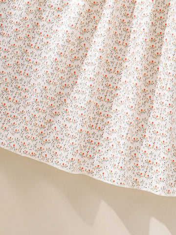 Young Girl Vintage Floral Printed Dress With Ruffles Hem For Summer Vacation