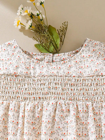 Young Girl Vintage Floral Printed Dress With Ruffles Hem For Summer Vacation