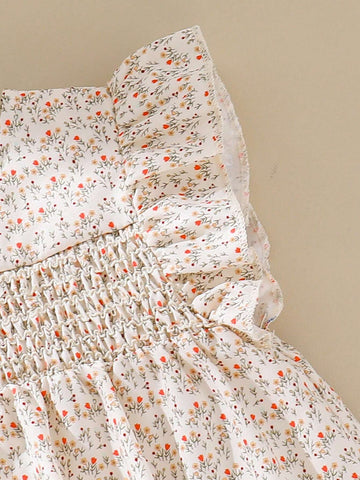 Young Girl Vintage Floral Printed Dress With Ruffles Hem For Summer Vacation