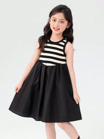Young Girl Vintage Striped Sleeveless Princess Dress With Large Skirt Hem, 2024 New Summer Style For Children