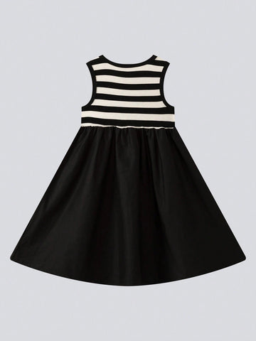 Young Girl Vintage Striped Sleeveless Princess Dress With Large Skirt Hem, 2024 New Summer Style For Children