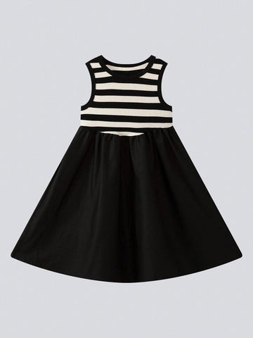 Young Girl Vintage Striped Sleeveless Princess Dress With Large Skirt Hem, 2024 New Summer Style For Children