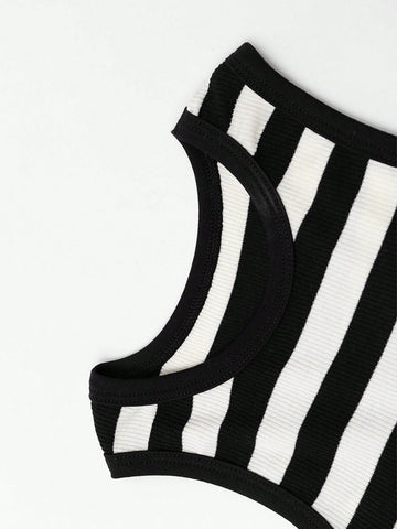 Young Girl Vintage Striped Sleeveless Princess Dress With Large Skirt Hem, 2024 New Summer Style For Children