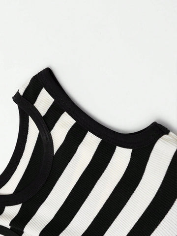 Young Girl Vintage Striped Sleeveless Princess Dress With Large Skirt Hem, 2024 New Summer Style For Children