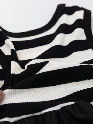 Young Girl Vintage Striped Sleeveless Princess Dress With Large Skirt Hem, 2024 New Summer Style For Children