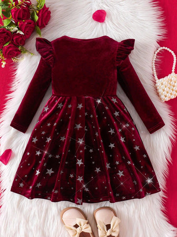Young Girl Vintage & Cute & Fashion & Elagant Contrast Bling Bling Glitter Star Print Velvet Dress,Ruffle Hem Long Sleeves Cake Dress