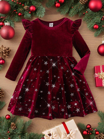 Young Girl Vintage & Cute & Fashion & Elagant Contrast Bling Bling Glitter Star Print Velvet Dress,Ruffle Hem Long Sleeves Cake Dress