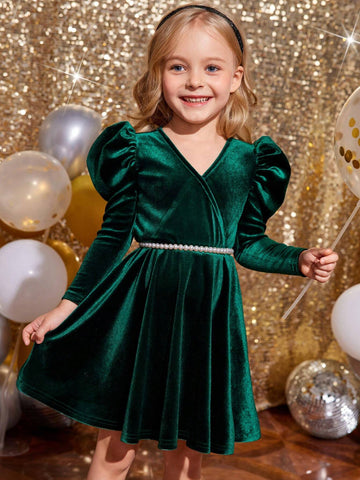 Young Girl Vintage & Cute & Fashion & Elegant Gigot Sleeve Velvet Dress,Long Sleeves Dress