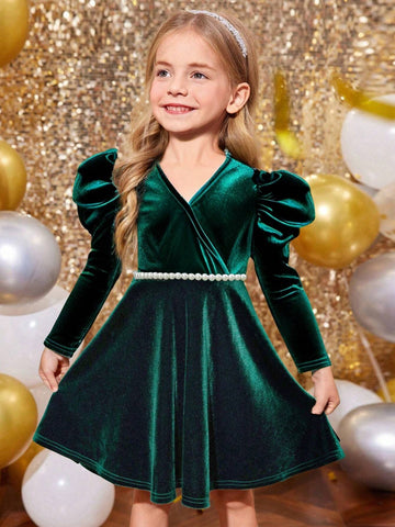Young Girl Vintage & Cute & Fashion & Elegant Gigot Sleeve Velvet Dress,Long Sleeves Dress