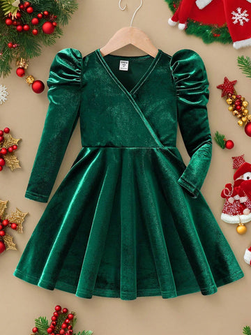 Young Girl Vintage & Cute & Fashion & Elegant Gigot Sleeve Velvet Dress,Long Sleeves Dress
