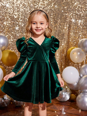 Young Girl Vintage & Cute & Fashion & Elegant Gigot Sleeve Velvet Dress,Long Sleeves Dress