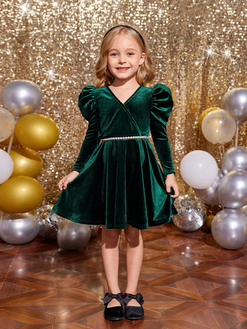 Young Girl Vintage & Cute & Fashion & Elegant Gigot Sleeve Velvet Dress,Long Sleeves Dress