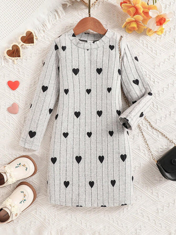 Young Girl Warm Fleece Heart Print Ribbed Knit Dress, Autumn/Winter