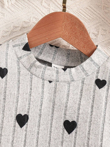 Young Girl Warm Fleece Heart Print Ribbed Knit Dress, Autumn/Winter