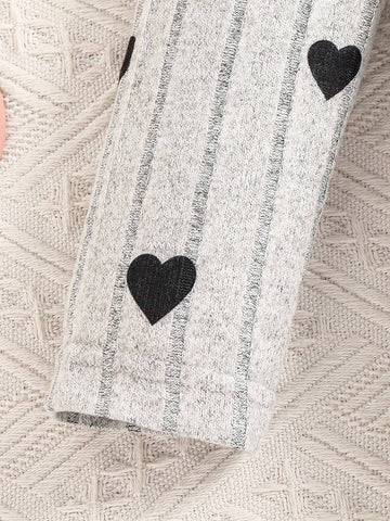 Young Girl Warm Fleece Heart Print Ribbed Knit Dress, Autumn/Winter