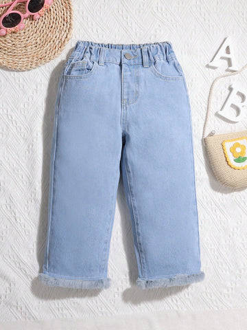Young Girl Washed Denim Jeans With Holiday Casual Style And Faux Fur Hem