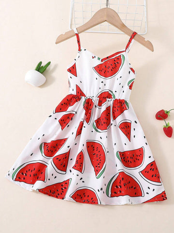 Young Girl Watermelon Print Casual Strapless Dress Summer